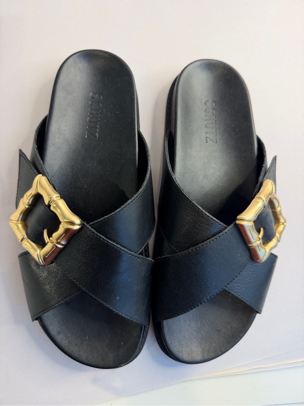 Schutz Ebola Black Leather Slide Sandals with Gold Bamboo Buckle size 8 - Picture 2 of 12